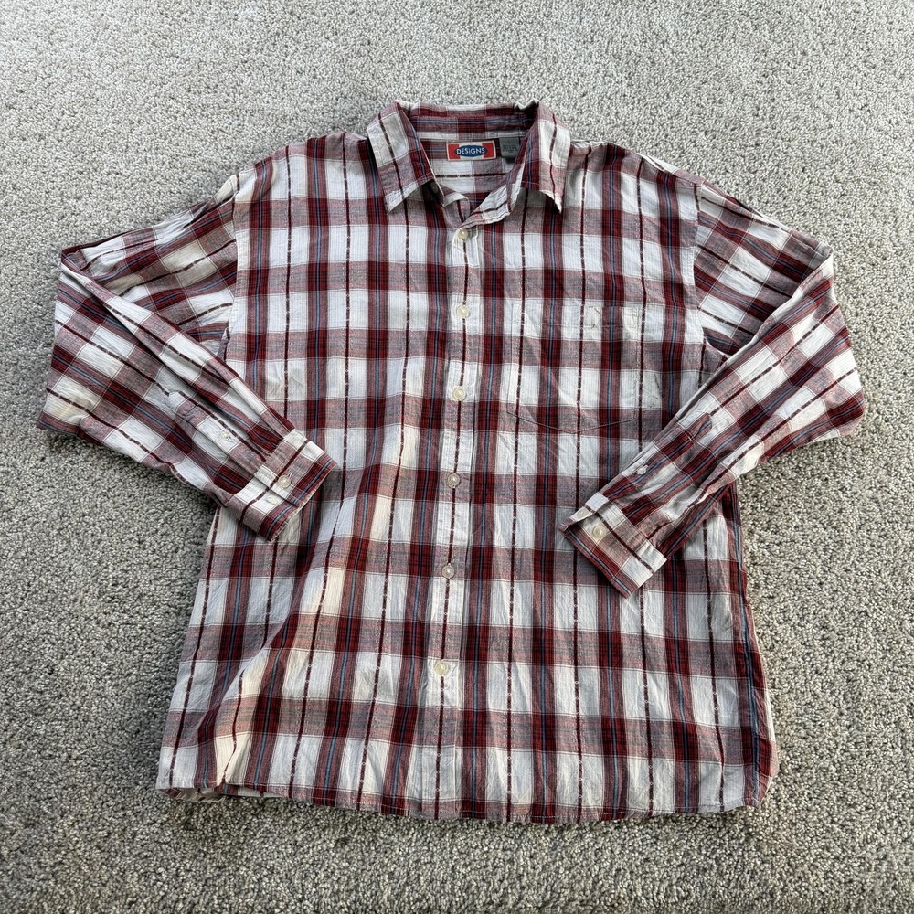Vintage Red Plaid Shirt Mens Large Long Sleeve Button Up Lightweight Cotton